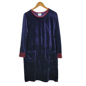 Style Studio Velvet Shirt Dress size Large Stretch Velour Blue Red Trim Casual